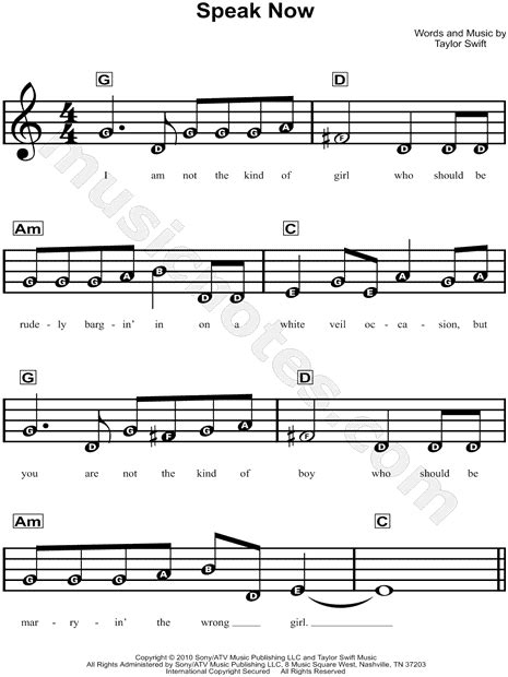 Taylor Swift Speak Now Sheet Music For Beginners In C Major