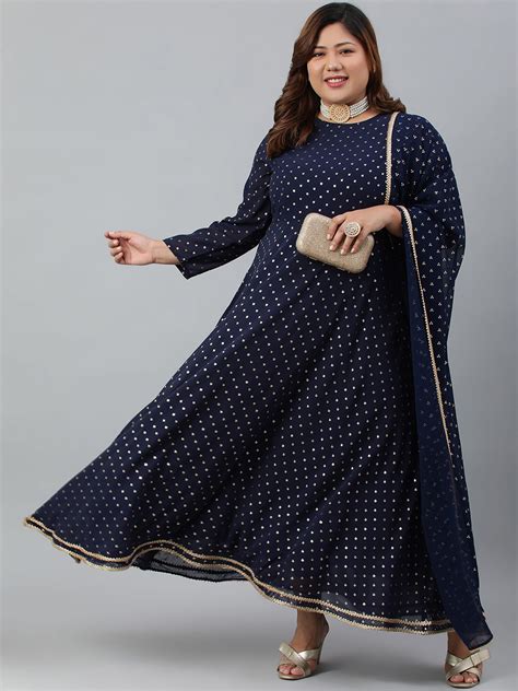 Xl Love By Janasya Women S Plus Size Navy Blue Poly Georgette Kurta