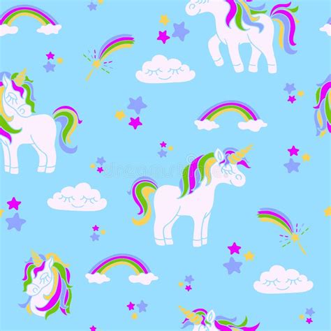 Unicorns On The Blue Seamless Pattern Stock Vector Illustration Of