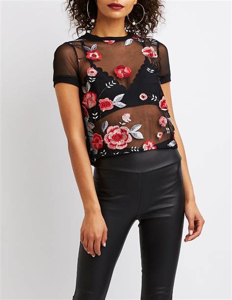 Floral Mesh Crop Top Charlotte Russe Tops Crop Tops Trendy Crop Tops