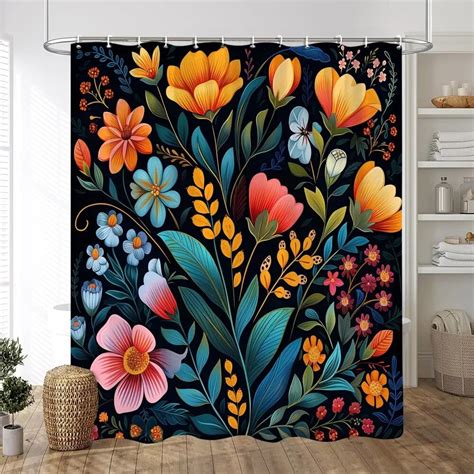 Black Background On Colourful Flowers Shower Curtain Vintage Style Artistic Creativity Print