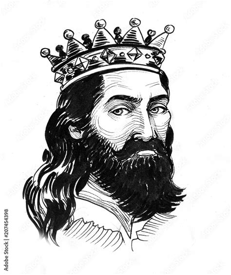 Ink black and white drawing of a king in crown Stock Illustration ...