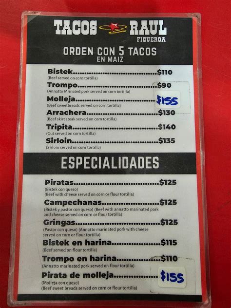 Menu At Tacos Raul Restaurant Saltillo Blvd Pedro Figueroa No 1145