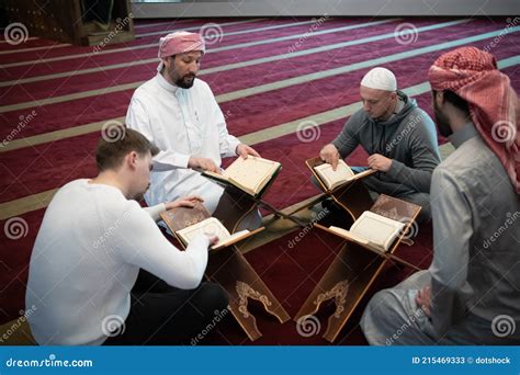 Muslim People In Mosque Reading Quran Together Stock Image Image Of