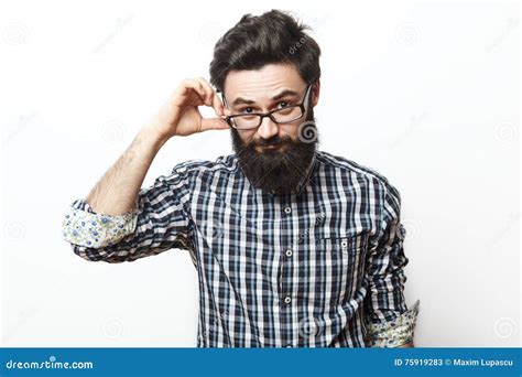 Young Nerd Bearded Businessman Touching His Glasses Stock Image Image