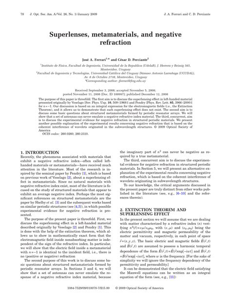 (PDF) Superlenses, metamaterials, and negative refraction