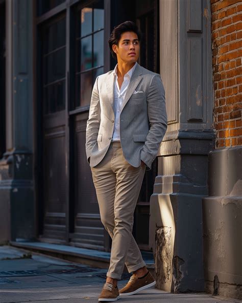 Grey Linen Blazer With Khaki Chinos Hockerty