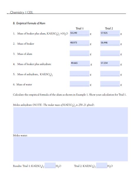 Solved Chemistry 1120L B Empirical Formula Of Alum Trial 1 Chegg