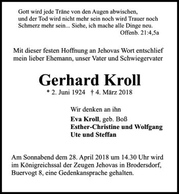 Traueranzeigen Von Gerhard Kroll Trauer Anzeigen De