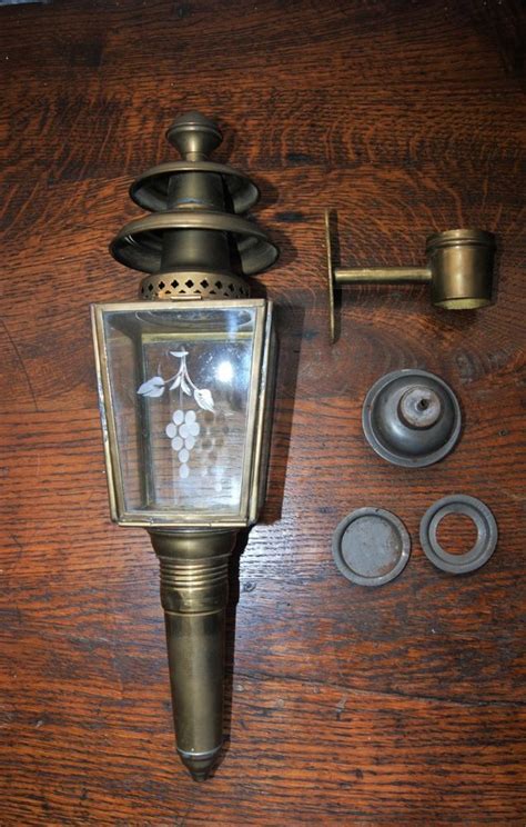 Antique Brass Horse Carriage Lamp Lantern With Engraved Glass Free