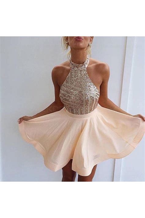 Halter Sequins Short Backless Homecoming Cocktail Prom Dresses Evening