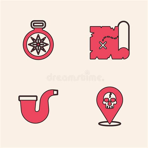 Set Location Pirate Compass Pirate Treasure Map And Smoking Pipe Icon Vector Stock Vector