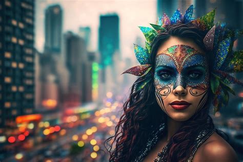 Premium Photo Pretty Woman Wearing A Colorful Carnival Costume Mask