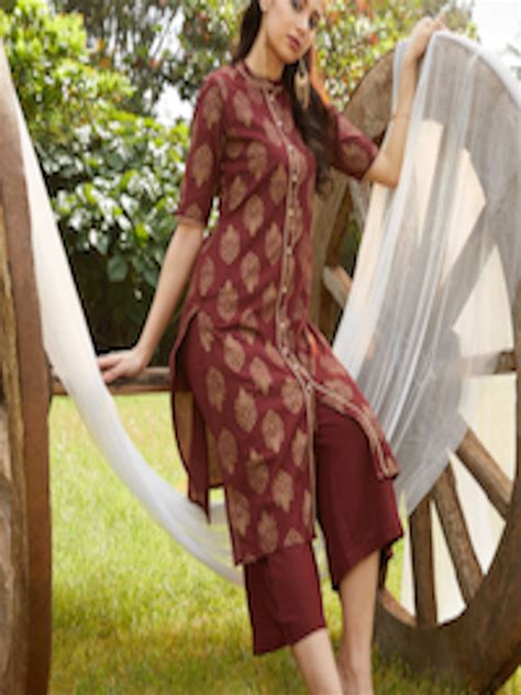 Buy Sangria Women Maroon Golden Ethnic Motifs Printed Pure Cotton