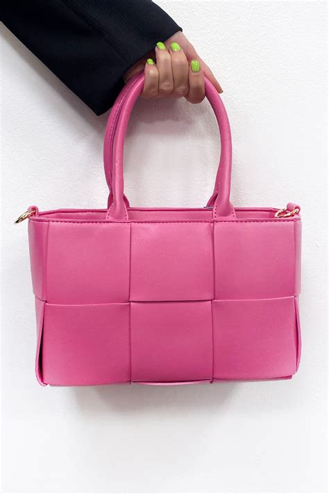 Bright Pink Faux Leather Woven Tote Bag Dressed In Lucy