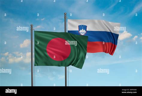 Slovenia And Bangladesh Flag Waving Together In The Wind On Blue Sky