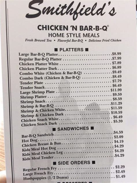 Smithfields Chicken N Bar B Q Menu In Lumberton Nc Order Delivery