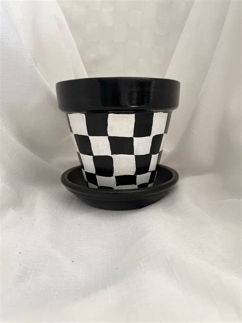 Black And White Checkered Hand Painted Flower Pot Plant Lover Flower