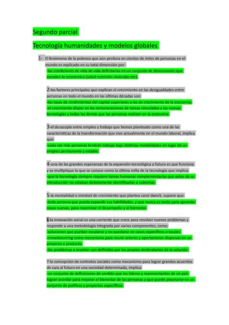 Segundo Parcial Tecnologia Humanidades Y Modelos Globales Segundo