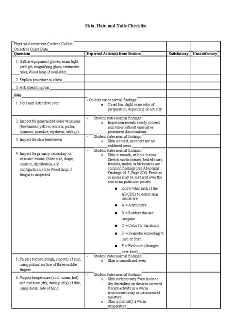 Skin Hair And Nails Checklist Skin Hair And Nails Checklist Physical Assessment Guide To