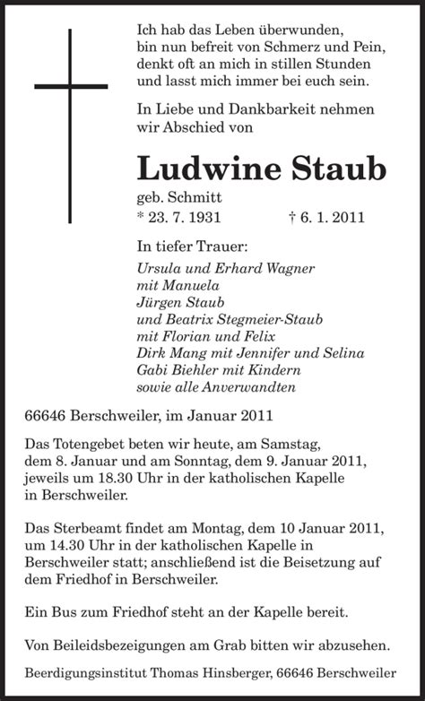 Traueranzeigen Von Ludwine Staub Saarbruecker Zeitung Trauer De