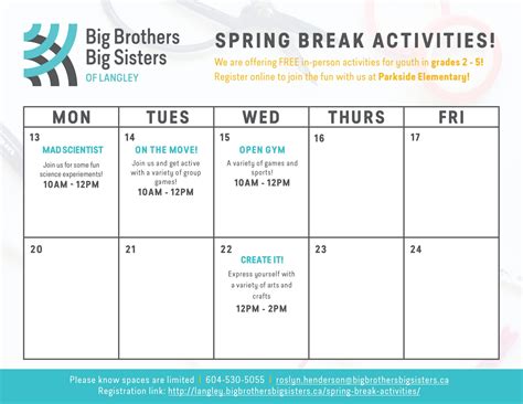 Spring Break Calendar Parkside Elementary Page Big Brothers