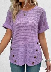 Rotita Button Light Purple Round Neck Short Sleeve T Shirt Rotita