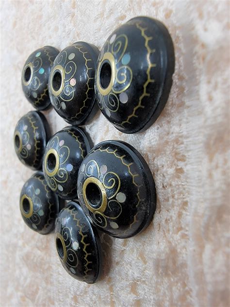 Vintage Antique Horn Domed Whistle Buttons With Pearl And Brass Inlay