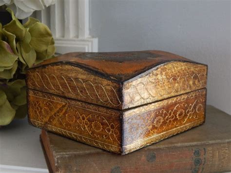 Italian Florentine Box Carved Wooden Jewelry Box Tri Gem