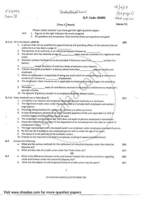 Industrial Law 2016 2017 Bachelor Of Management Studies Bms Semester