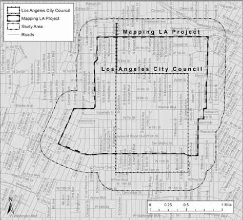 Map of study area overlaid on two sets of Koreatown boundaries, as ...