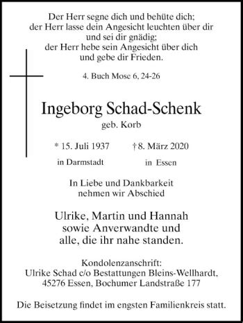 Traueranzeigen Von Ingeborg Schad Schenk Trauerportal Ihrer Tageszeitung