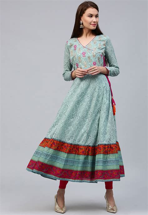 Buy Printed Cotton Angrakha Style Anarkali Kurta In Light Blue Online