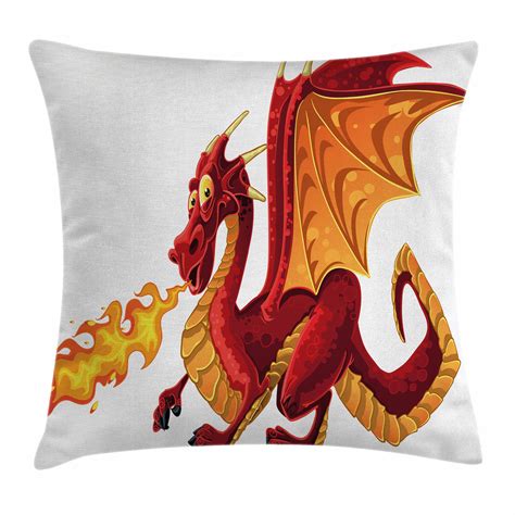 Dragon Throw Pillow Cushion Cover Funny Fire Spitting Winged Cartoon