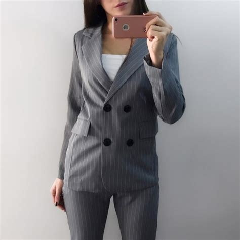 Work Fashion Pant Suits 2 Piece Sets Double Breasted Stripe Blazer