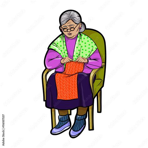 Isolated Grandma In Chair Knits Vector Illustration Stock Vector