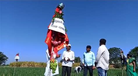 शेतकऱ्याने उभारली कांदा द्राक्षाची अनोखी गुढी मागण्यांचे फलक लावून