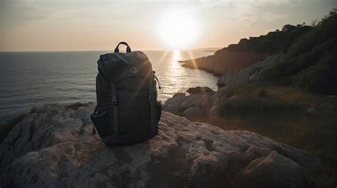 Una mochila se sienta en un acantilado con vista al océano al atardecer