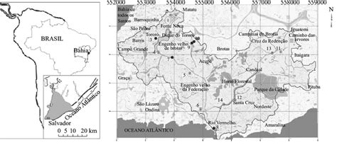 Mapa de situação e localização da área estudada e dos pontos de