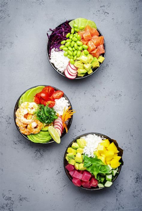 Hawaiian Poke Bowl With Salmon Avocado Radish Edamame Beans Red