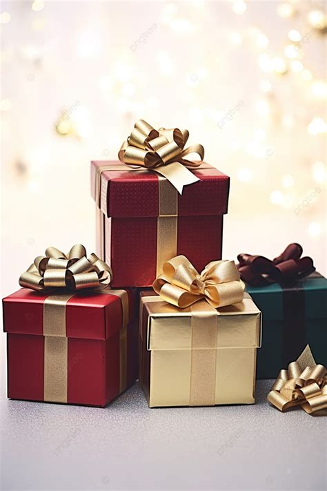 Five Different Colors Of Gift Boxes With Bows On Them Background