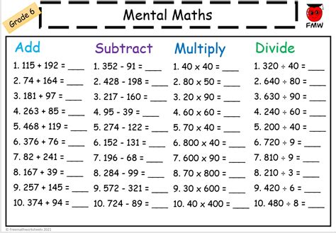 Mental Math Worksheets Grade