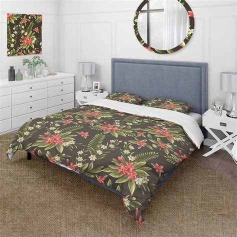 Designart White And Pink Flowers With Tropical Leaves On Dark Tropical Duvet Cover Set Bed