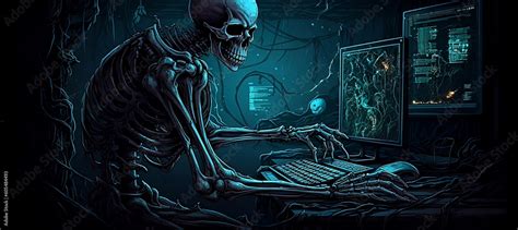 Computer skeleton on a screen, dark background, in the style of dan ...