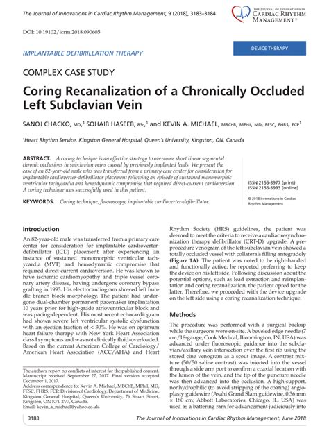 PDF Coring Recanalization Of A Chronically Occluded Left Subclavian Vein