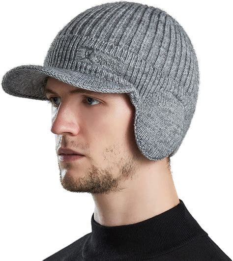 Muryobao Men Winter Beanie Hat Soft Fleece Lined Cuff Knit Hats With Visor Warm Earflaps Newsboy