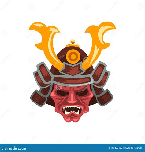 Ancient Samurai Warrior War Helmet With Horns Vector Illustration On A
