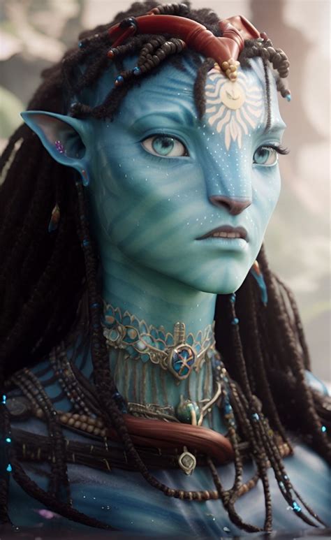 A Woman With Blue Makeup And Braids On Her Head Is Dressed As Avatar