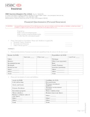 Financial Questionnaire Personal Insurance HSBC Insurance