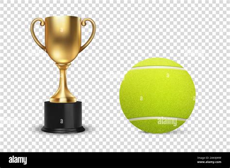 Realistic Vector 3d Blank Golden Champion Cup Icon With Tennis Ball Set